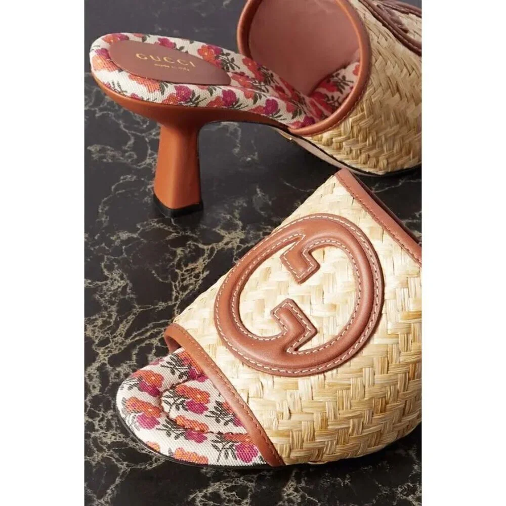 GUCCI Mabel Leather-trimmed Raffia Mules in Beige Size 8.5US / 38.5EU